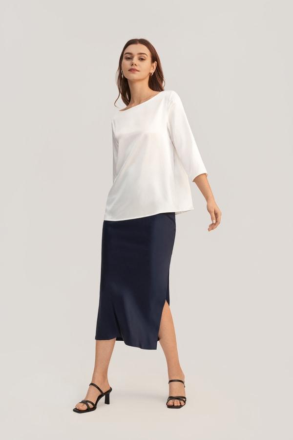 3/4 Sleeve Boat Neck Silk Blouse Product Image