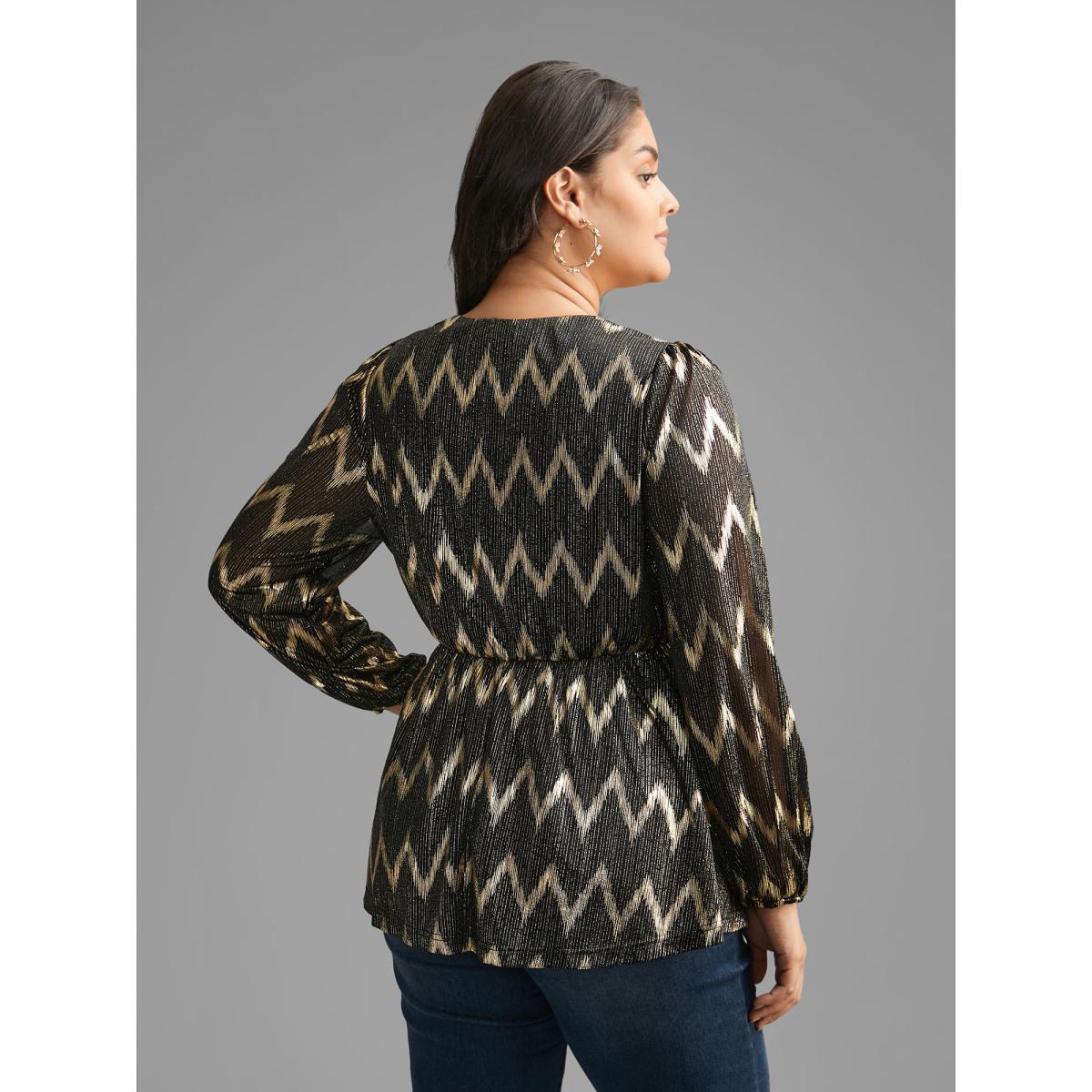 Plus Size Black Gold Shimmer Elastic Waist V-neck Blouse Women Cocktail Long Sleeve V-neck Party Blouses BloomChic 28/5X Product Image
