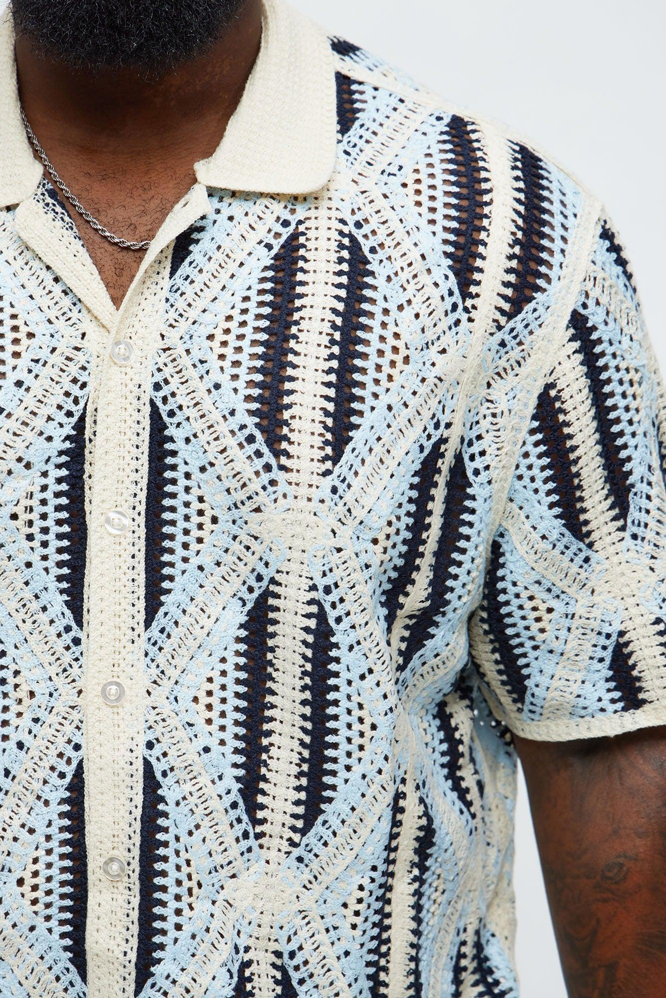 Cropped Relaxed Triangles Knit Closed Collar Shirt - Blue/combo Product Image
