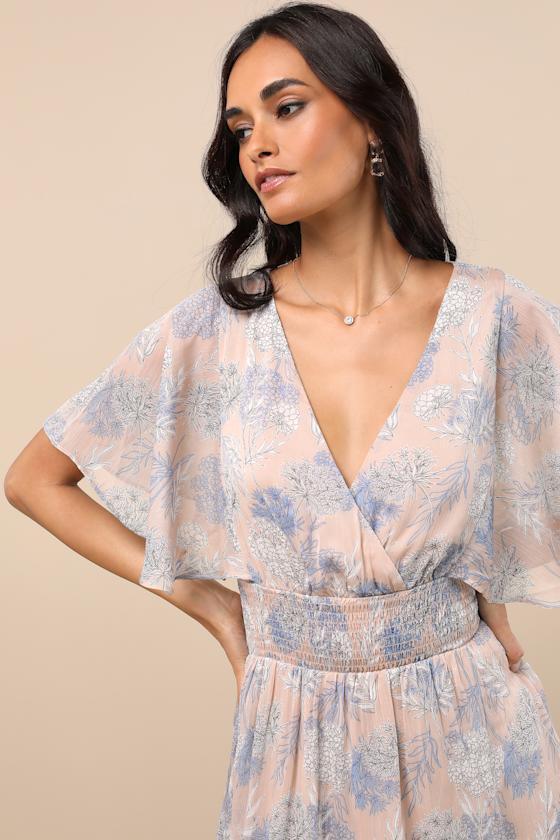 Subtle Romance Beige Floral Print Ruffled Midi Dress Product Image