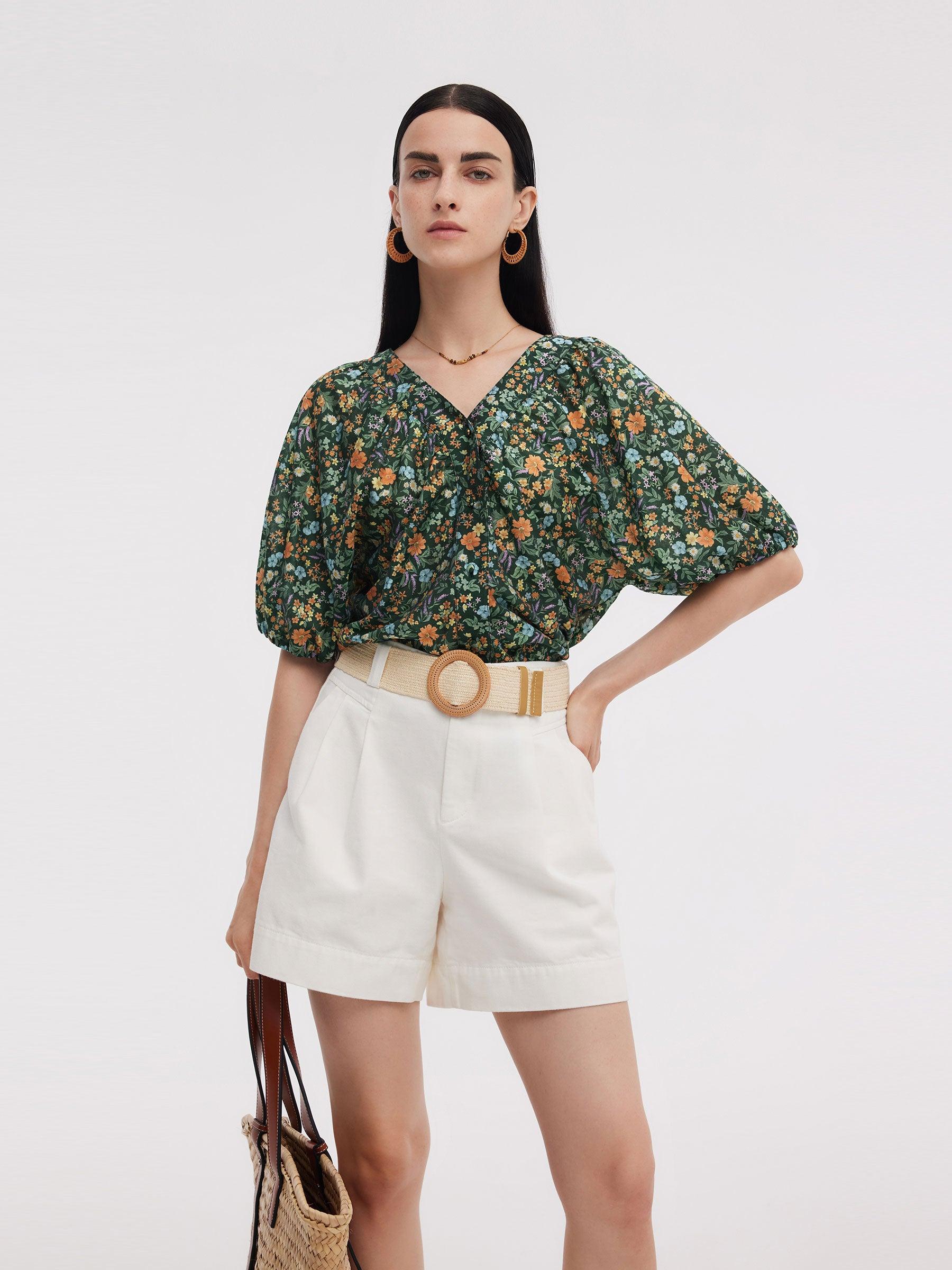 Tencel Blend Floral Print Women V-Neck Blouse Product Image
