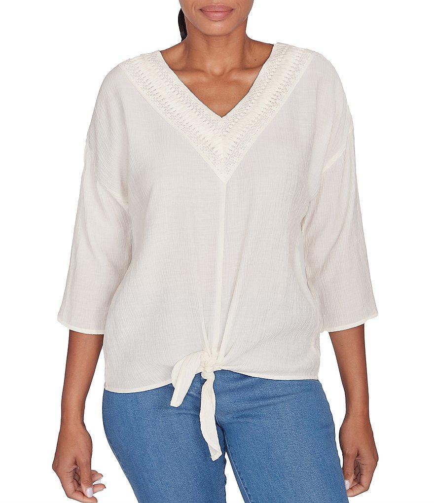 Ruby Rd. Woven Gauze V-Neck 3/4 Sleeve Tie-Front Top Product Image