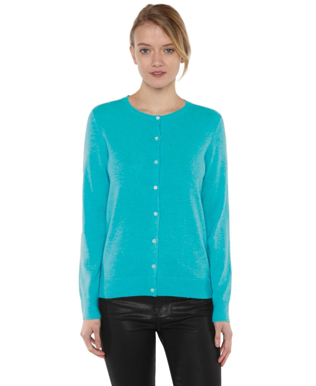 Jennie Liu Womens 100% Cashmere Button Front Long Sleeve Crewneck Cardigan Sweater (1575, Azalea, Large ) Product Image