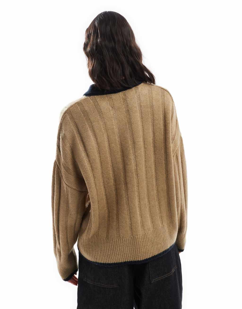 ASOS DESIGN chunky knit polo shirt in wide rib in mocha Product Image