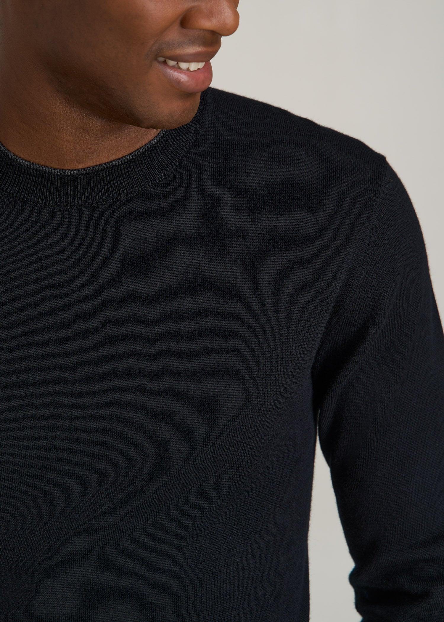 Merino Wool Crewneck Tip Sweater for Tall Men in Black Product Image