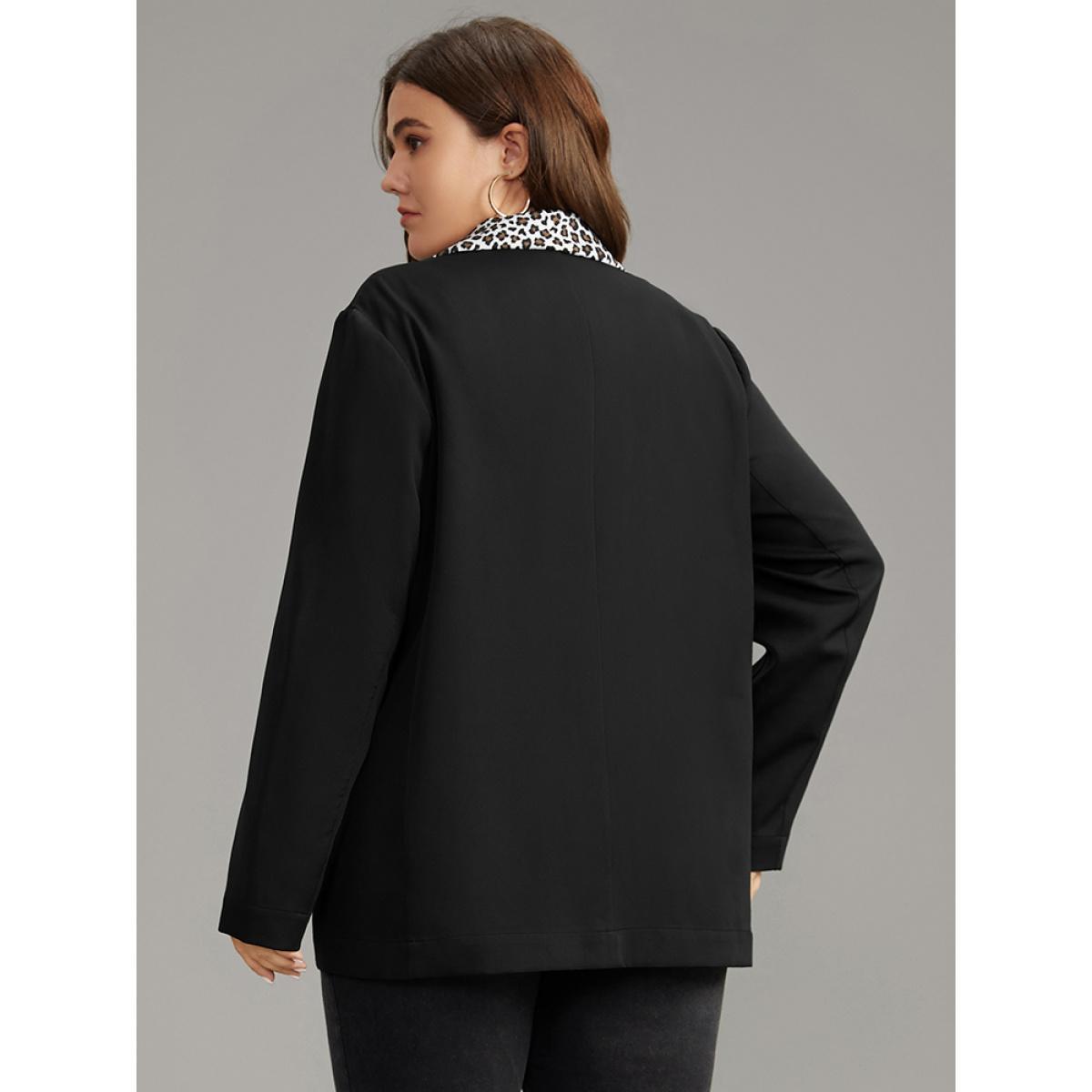 Plus Size Leopard Patchwork Contrast Blazer Black Women Work Leopard Contrast Sleeve Long Sleeve Suit Collar 28/5X Pocket At the Office Blazers BloomChic Product Image