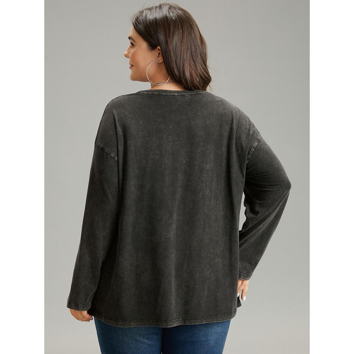 Plus Size Vintage Roll Tab Sleeve Button Up T-shirt Black Women Casual Plain Plain V-neck Dailywear T-shirts BloomChic 26/4X Product Image