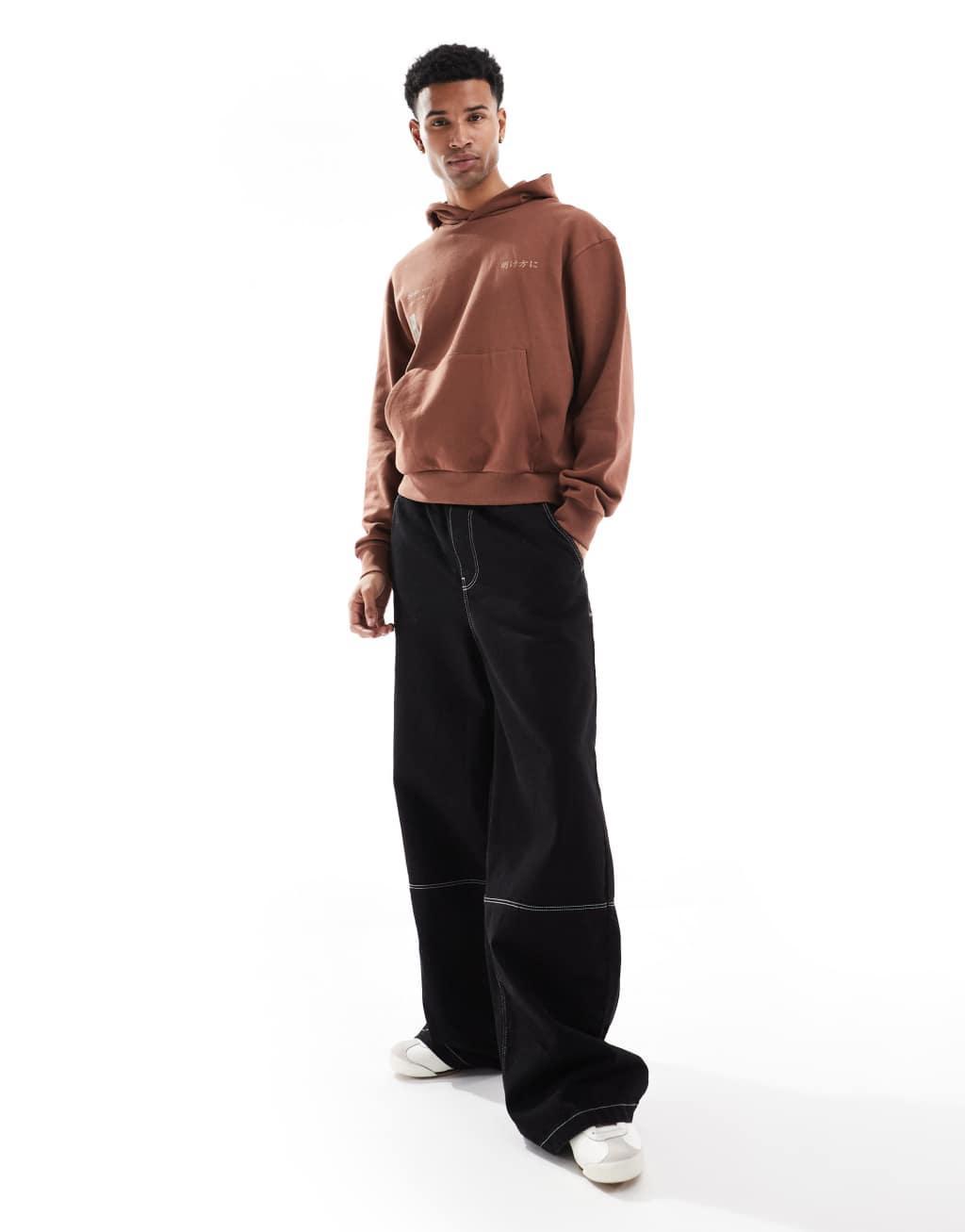 ASOS DESIGN boxy oversized hoodie with back print in brown Product Image