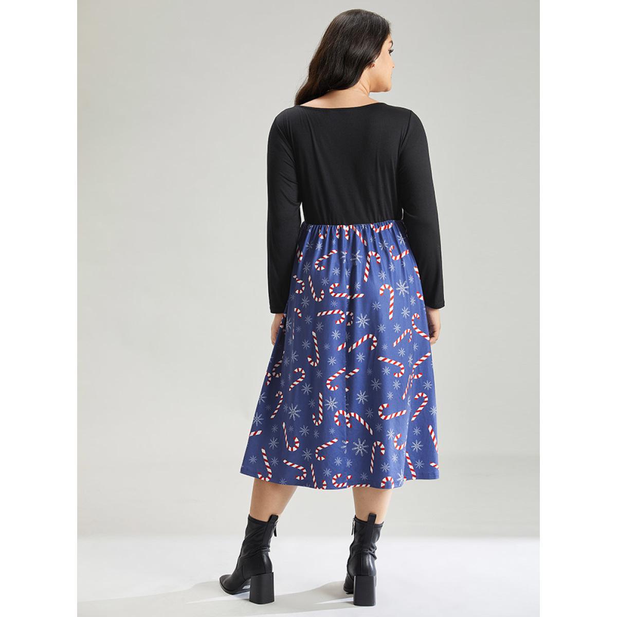 Plus Size Snowflake & Christmas Candy Print Pocket Ruched Dress DarkBlue Women Elegant Gathered Square Neck Long Sleeve Curvy Midi Dress BloomChic 14-16/1X Product Image