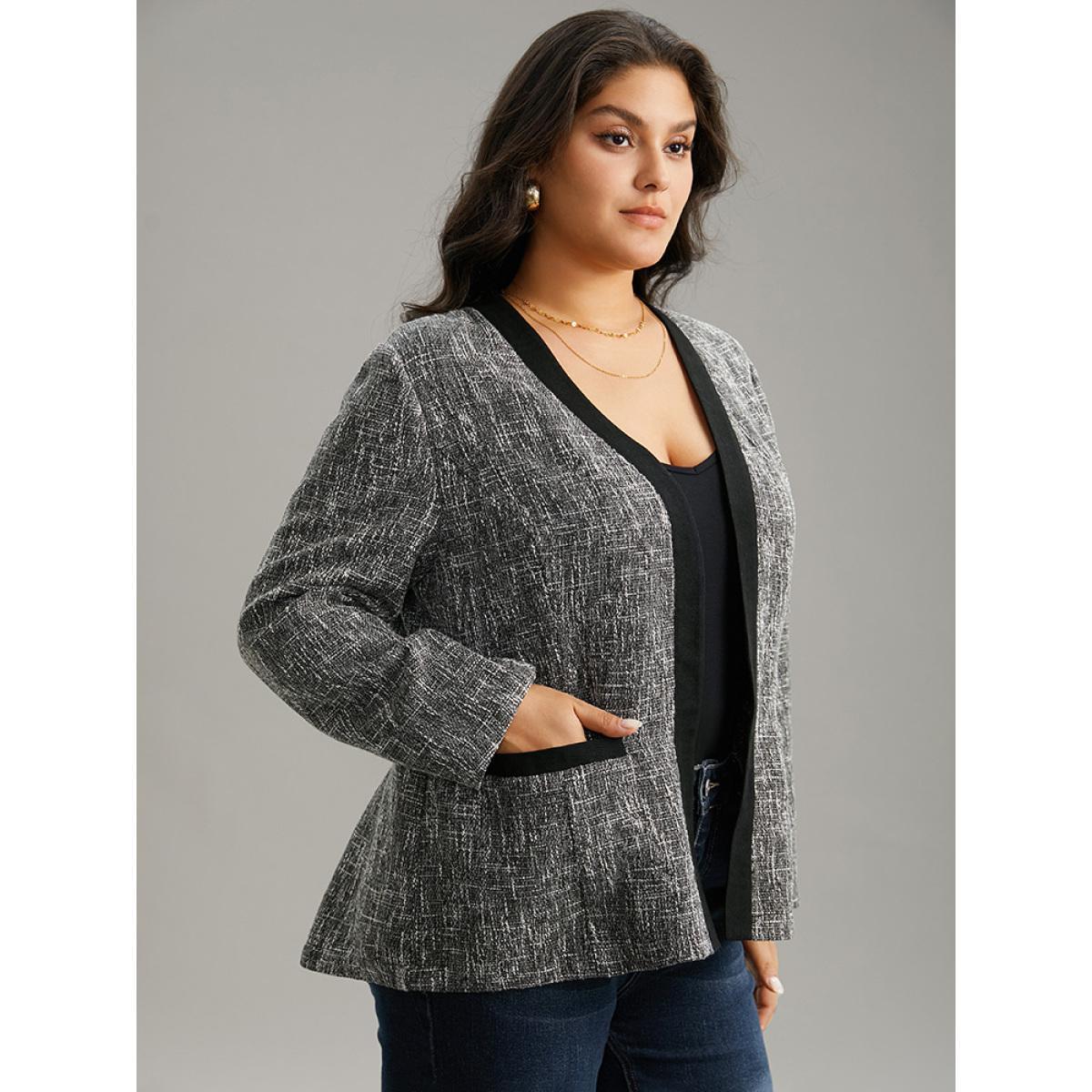 Plus Size Tweed Contrast Trim Pocket Tweed Blazer Gray Women Dailywear Plain Contrast Sleeve Long Sleeve Open Front 26/4X Pocket Casual Blazers BloomChic Product Image