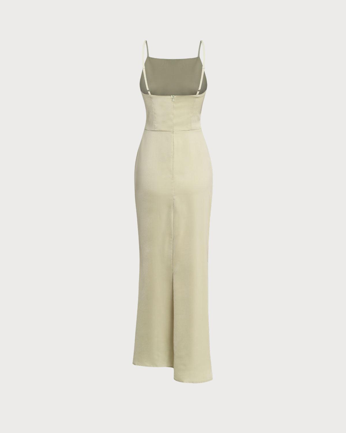 Green Ruched Slit Slip Maxi Dress Product Image