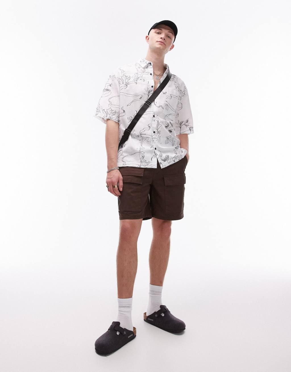 Topman short sleeve relaxed printed linen blend mix shirt in white  Product Image