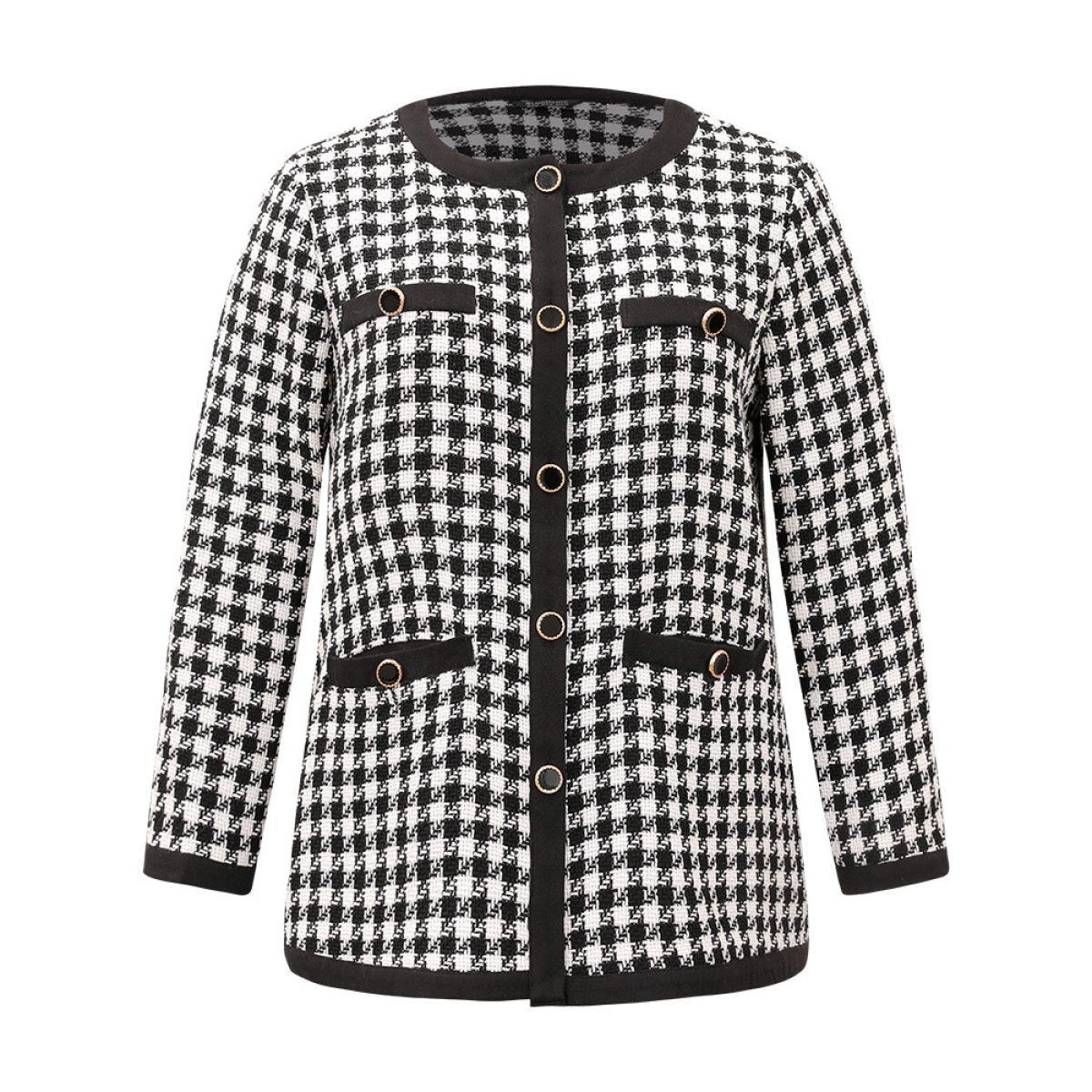 Plus Size Twill Houndstooth Button Detail Pocket Coat Women Black Elegant Texture Ladies Everyday Winter Coats BloomChic 28/5X Product Image