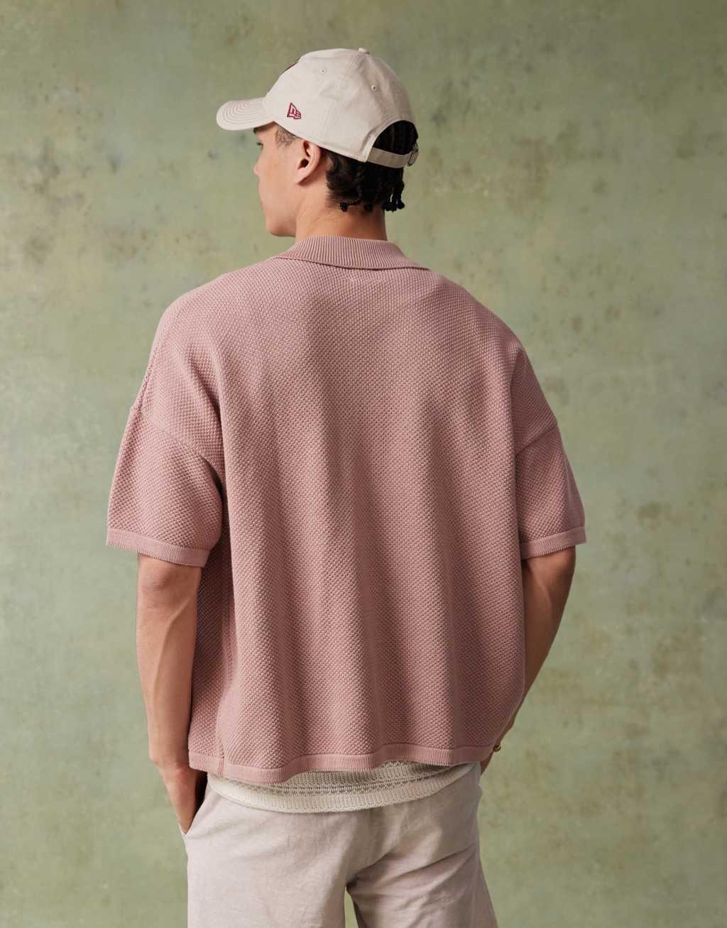ASOS DESIGN oversized boxy fit knit textured camp collar polo shirt in dusky pink Product Image