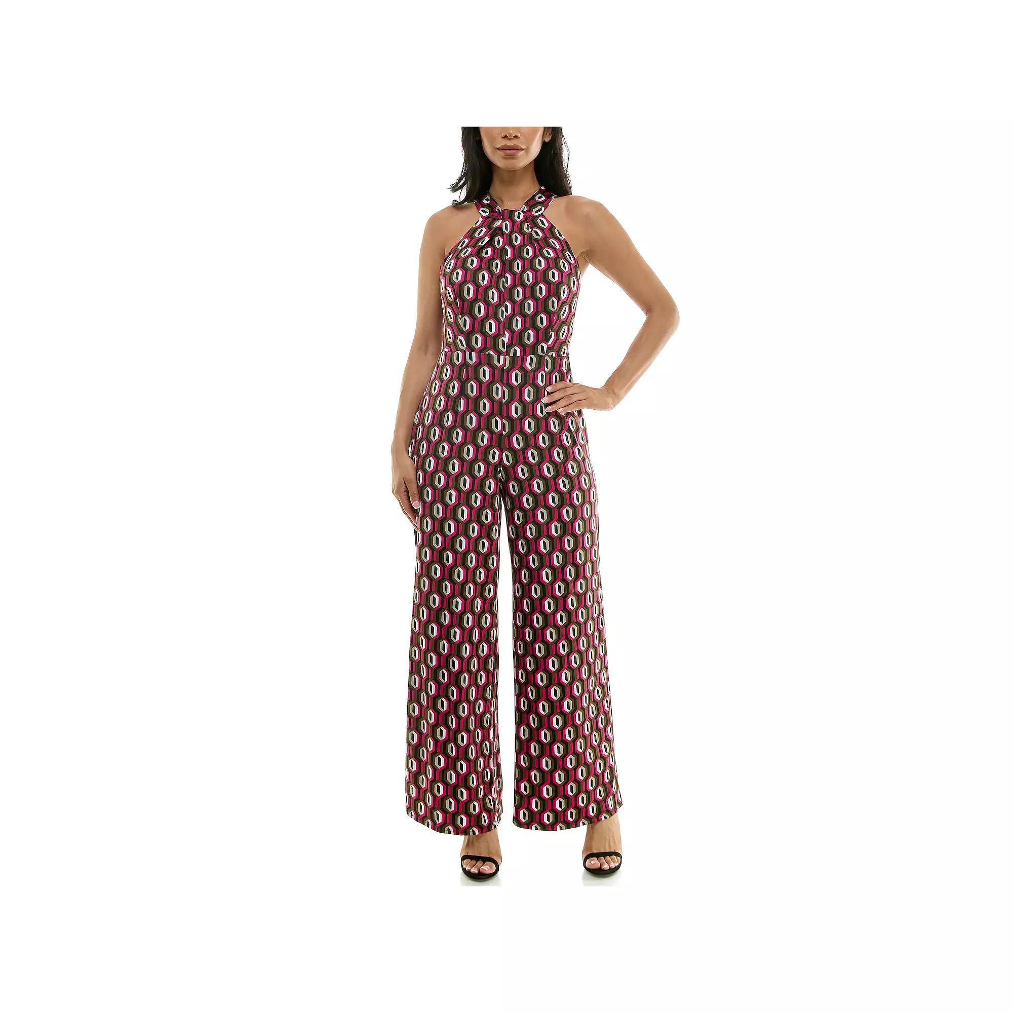 Women's Nina Leonard Printed Twist Neck Jumpsuit, Size: XL, Black Yellow Team Product Image