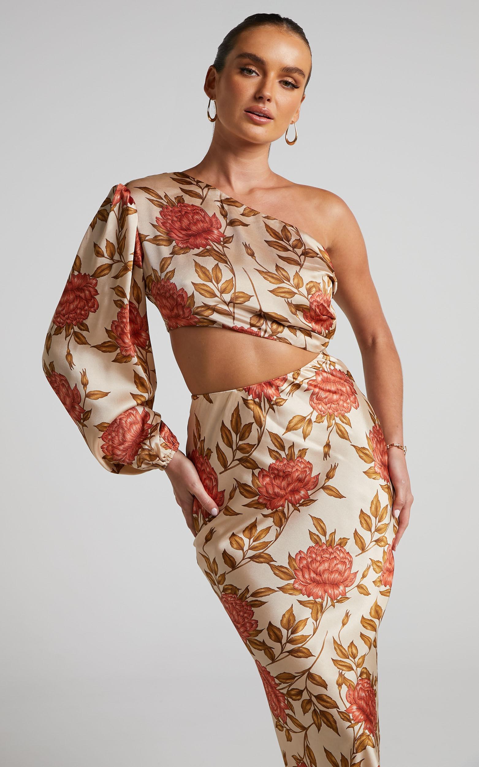 Abagail Midi Dress - One Shoulder Cut Out Dress in Beige Floral Product Image