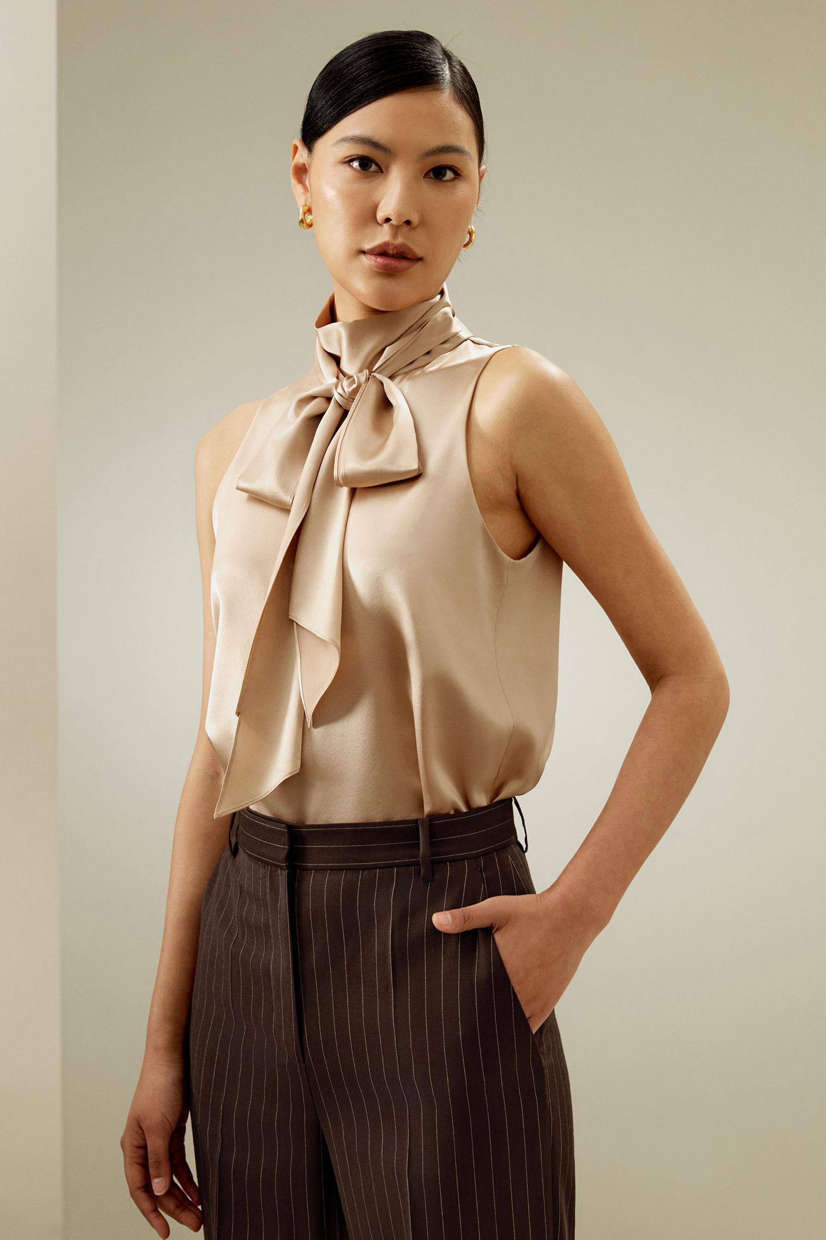 Sleeveless Tie-Neck Silk Blouse Product Image
