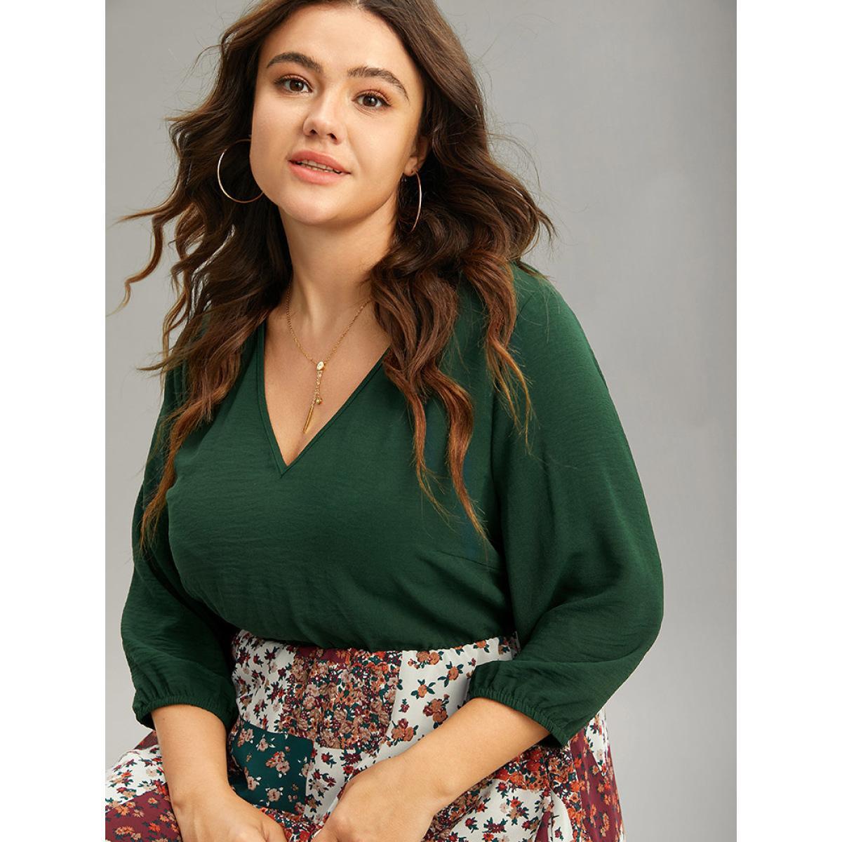 Plus Size Ditsy Floral Colorblock Patchwork Lantern Sleeve Dress DarkGreen Women Elegant Printed V-neck Long Sleeve Curvy Midi Dress BloomChic 26/4X Product Image