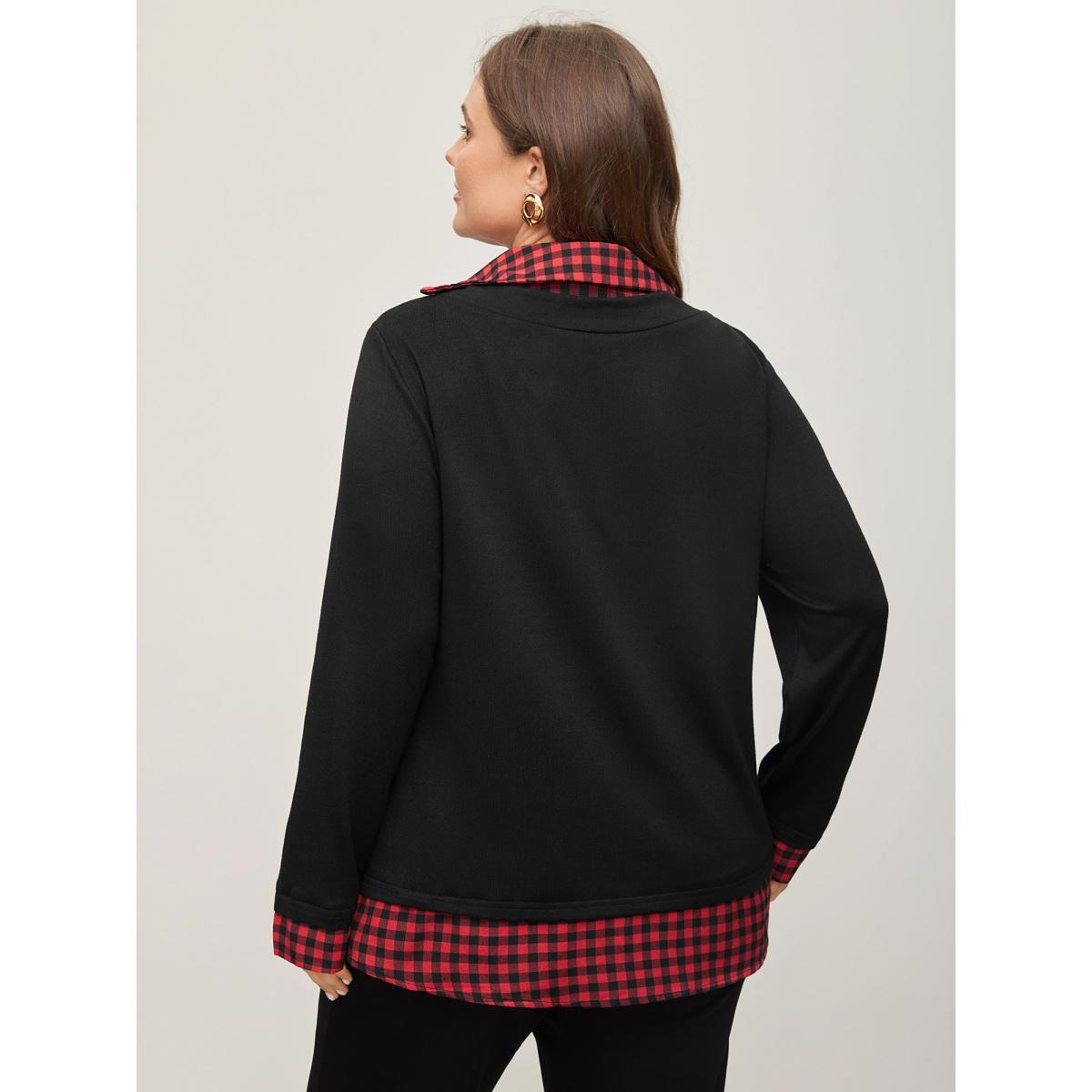 Plus Size Gingham Patchwork Shirt Collar Arc Hem Sweatshirt Women Multicolor Casual Patchwork V-neck Everyday Sweatshirts BloomChic 14-16/1X Product Image