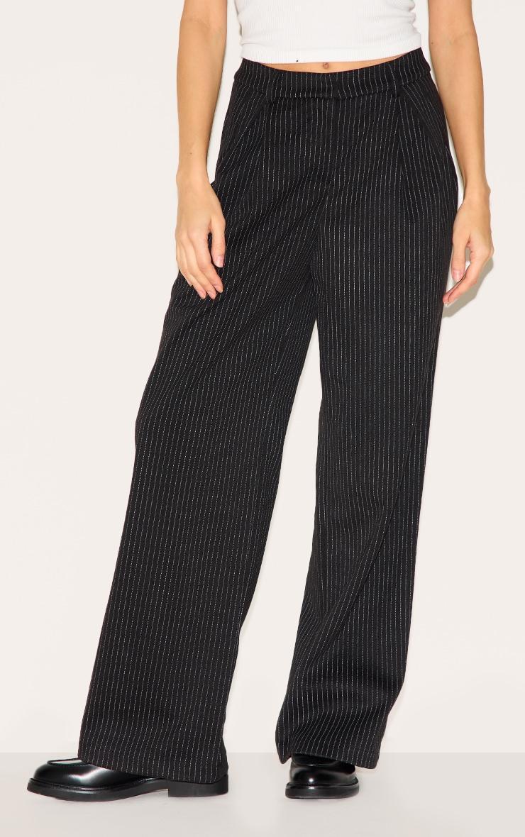 Black Pinstripe Tailored Wool Feel Mid Rise Pants Product Image