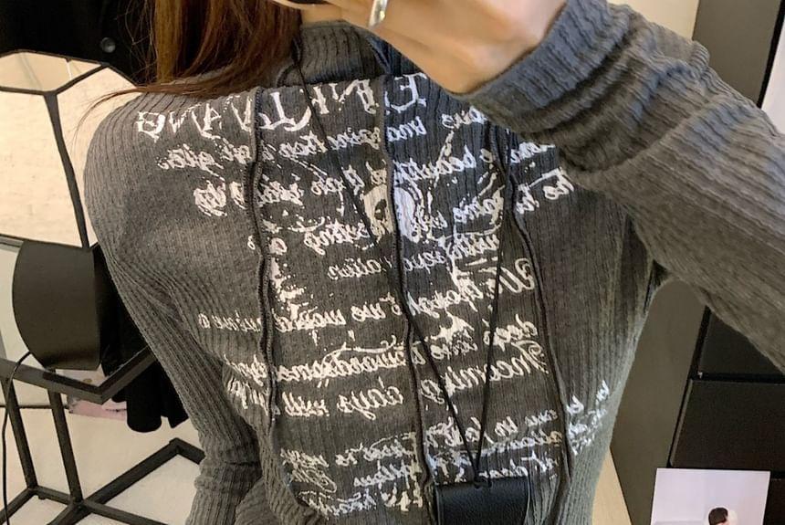 Long-Sleeve Mock Neck Lettering Asymmetrical Ribbed Tee Product Image