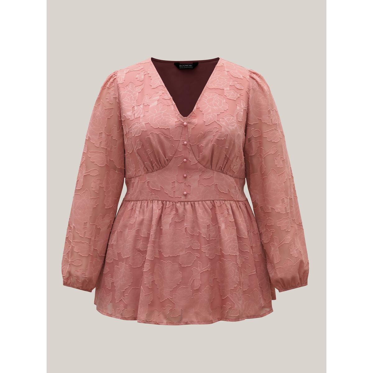 Plus Size Rouge Textured Waist-Cinched Lined Button Shirt Women Elegant Extra Long Sleeve Deep V-neck Everyday Blouses BloomChic 30/6X Product Image