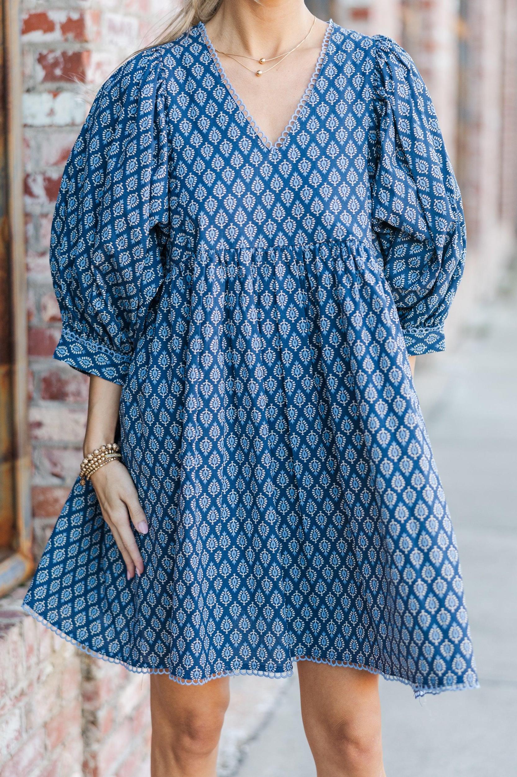 Moving Forward Denim Blue Medallion Dress Female Product Image
