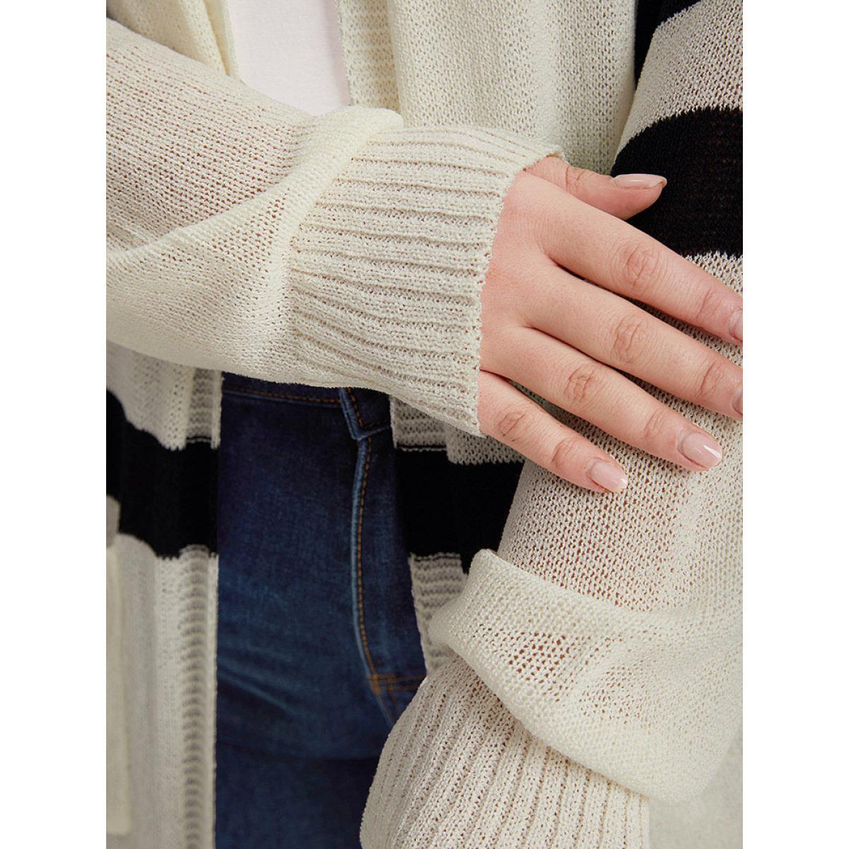 Plus Size Striped Pocket Open Front Cardigan Beige Women Casual Loose Long Sleeve Everyday Cardigans BloomChic 12/L Product Image