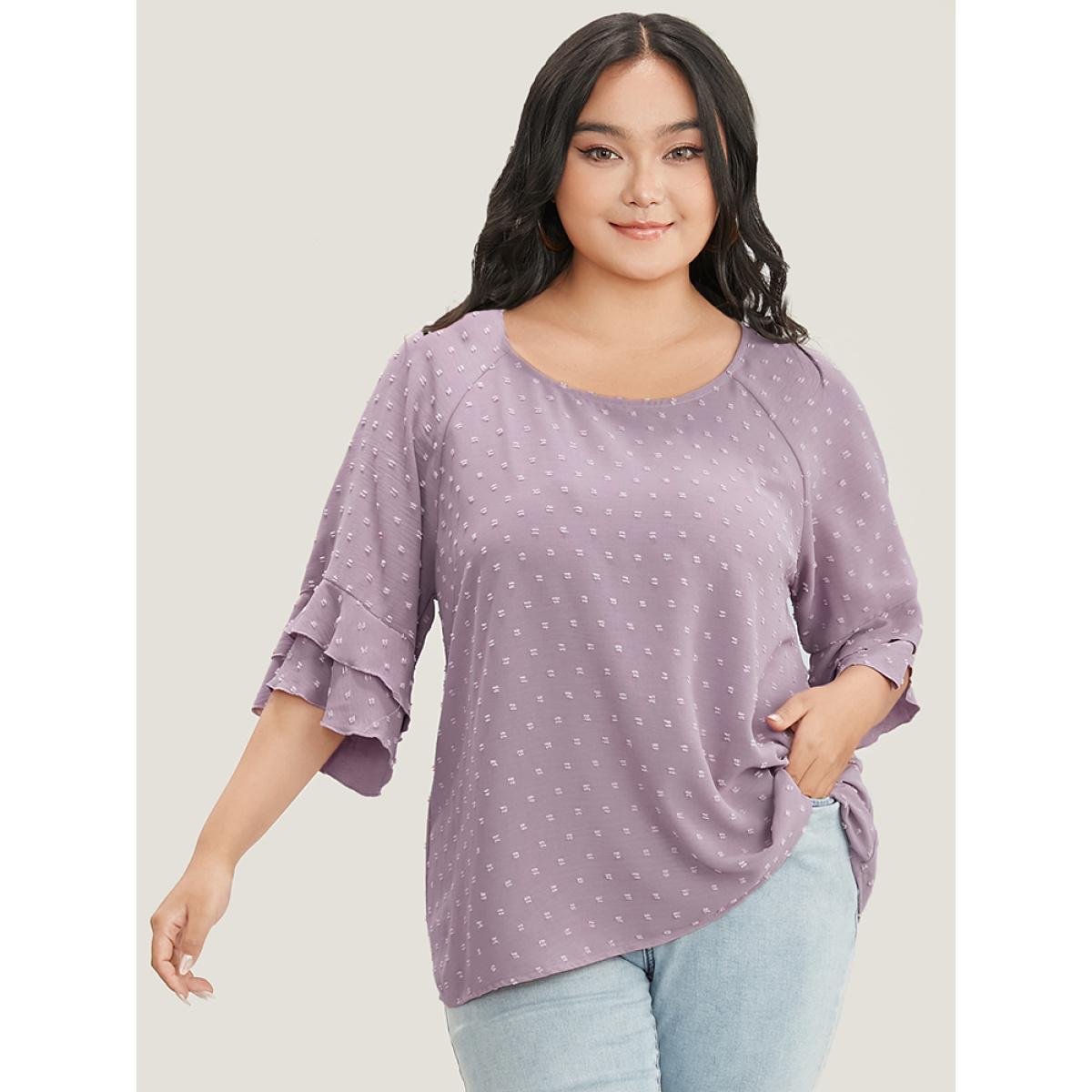 Plus Size Mauve Polka Dot Round Neck Ruffle Sleeve Blouse Women Casual Elbow-length sleeve Round Neck Dailywear Blouses BloomChic 30/6X Product Image