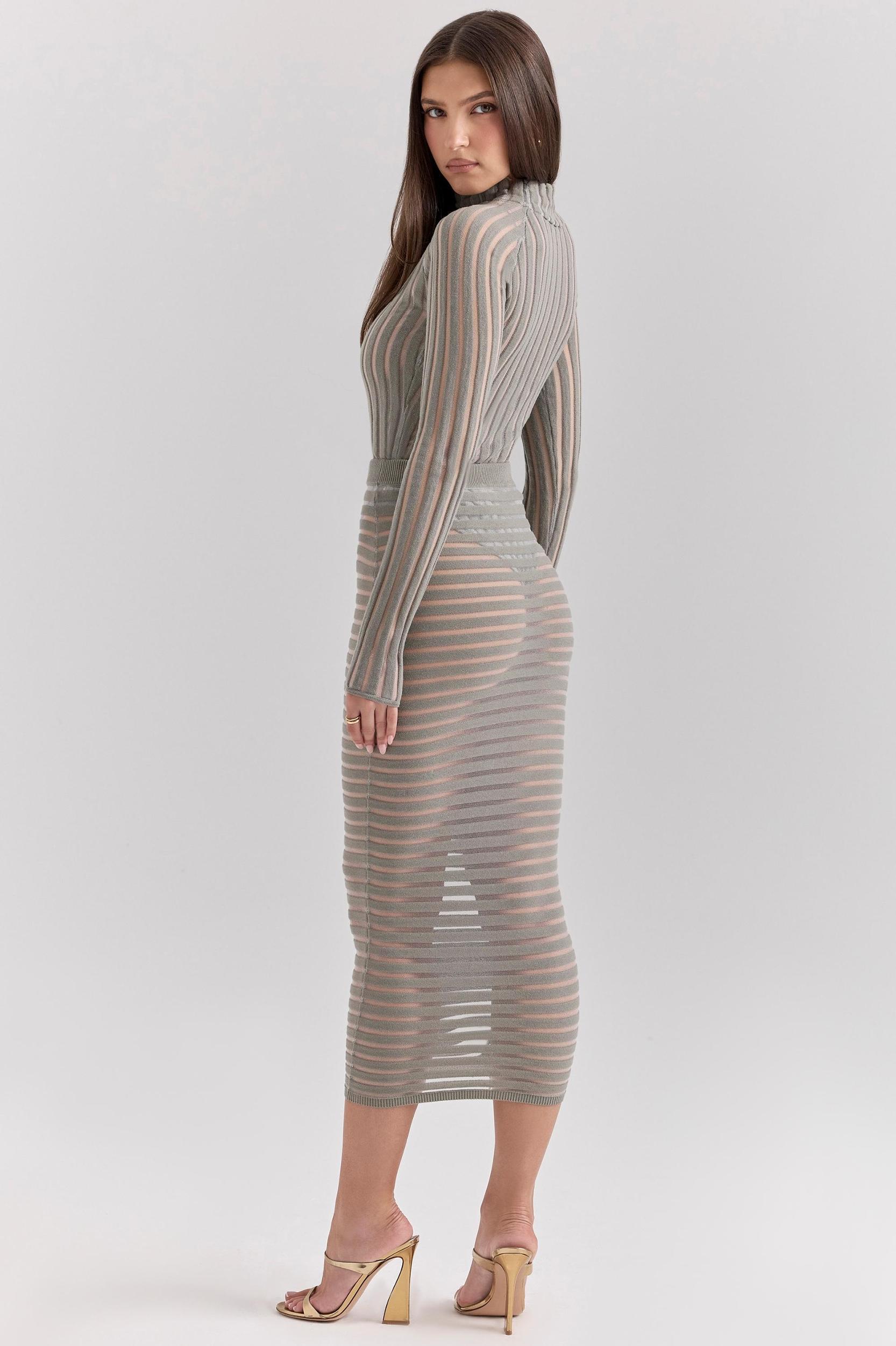Margo  grey velour sheer striped midi skirt Product Image