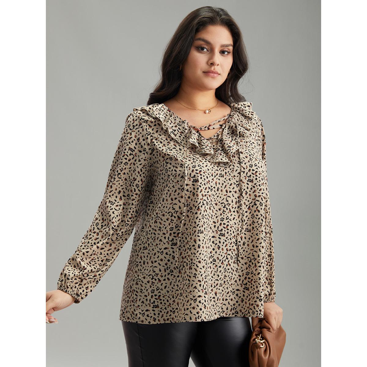 Plus Size Apricot Leopard Print Ties Flutter Trim Blouse Women Office Long Sleeve V-neck Work Blouses BloomChic 12/L Product Image