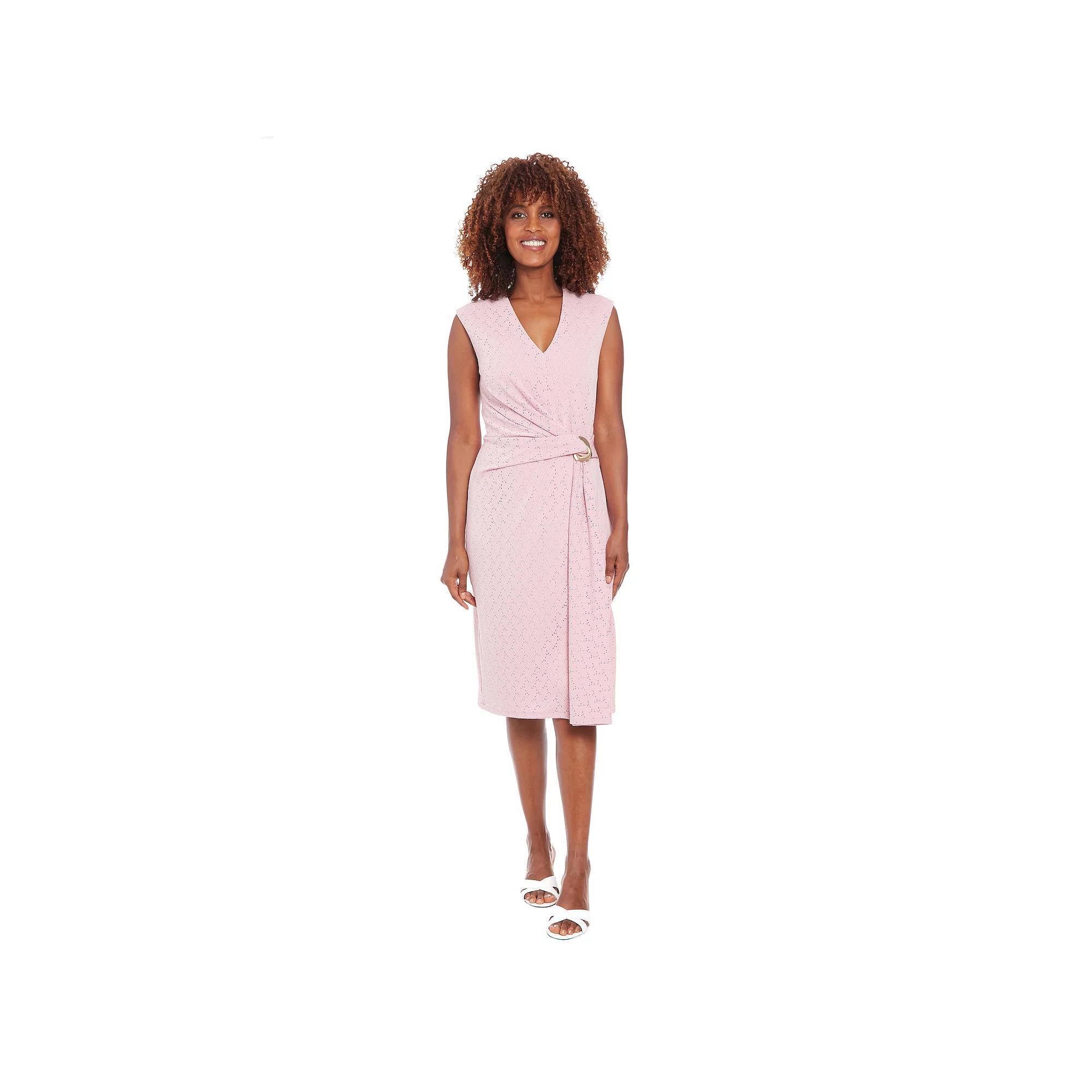 Women's London Times V-Neck Twist Hardware Midi Dress, Size: 6, White Pink Product Image