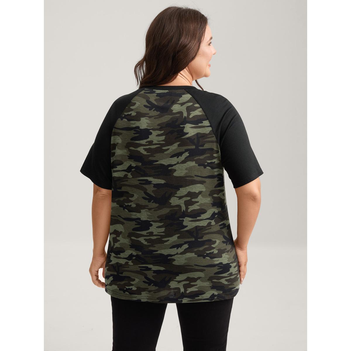 Plus Size Camouflage Print Raglan Sleeve T-Shirt ArmyGreen Women Contrast V-neck Everyday-Casual T-shirts BloomChic 10/M Product Image