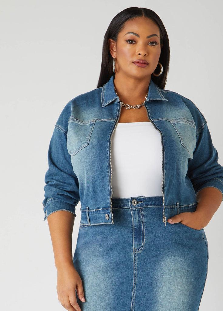 Cropped Zip Front Denim Jacket Product Image