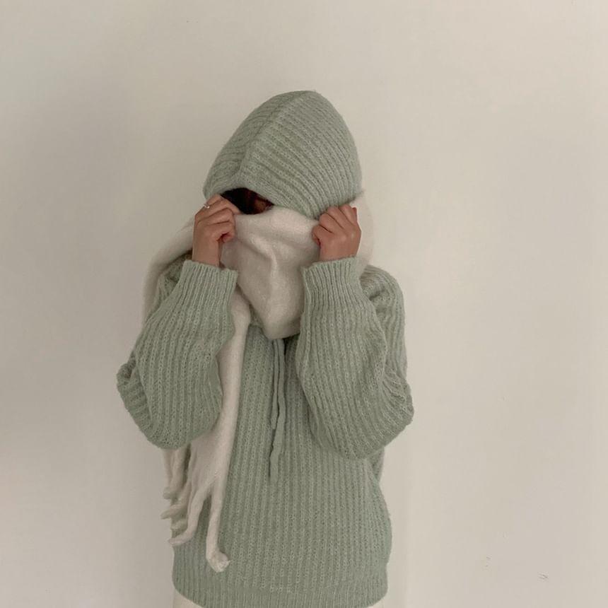Long Sleeve Plain Ribbed-Knit Loose-Fit Sweater with Beanie Product Image