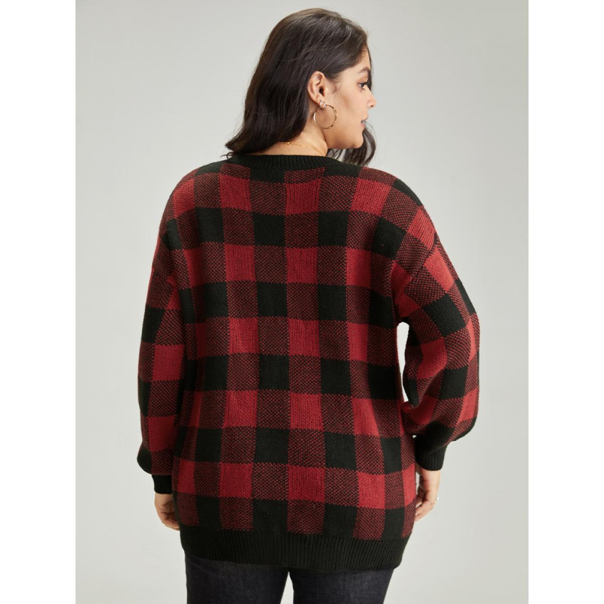 Plus Size Plaid V Neck Lantern Sleeve Loose Pullover Burgundy Women Casual Loose Long Sleeve V-neck Dailywear Pullovers BloomChic 10/M Product Image