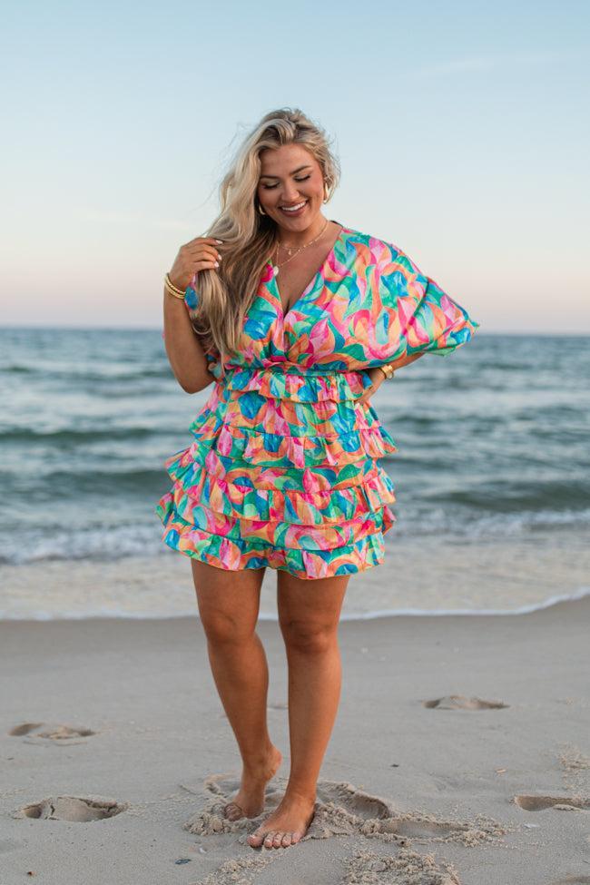 Fun And Flirty In Kaleidoscope Dreams Satin Ruffle Detail Dress SALE Product Image