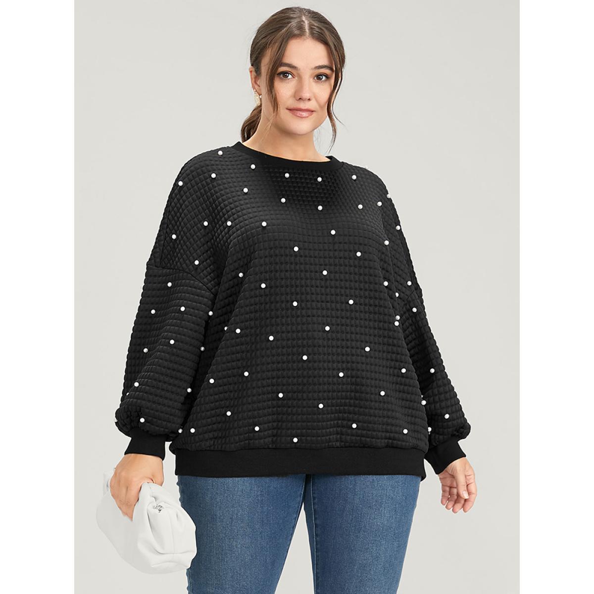 Plus Size Solid Texture Pearls Beaded Sweatshirt Women Black Party Beaded Round Neck Going out Sweatshirts BloomChic 28/5X Product Image