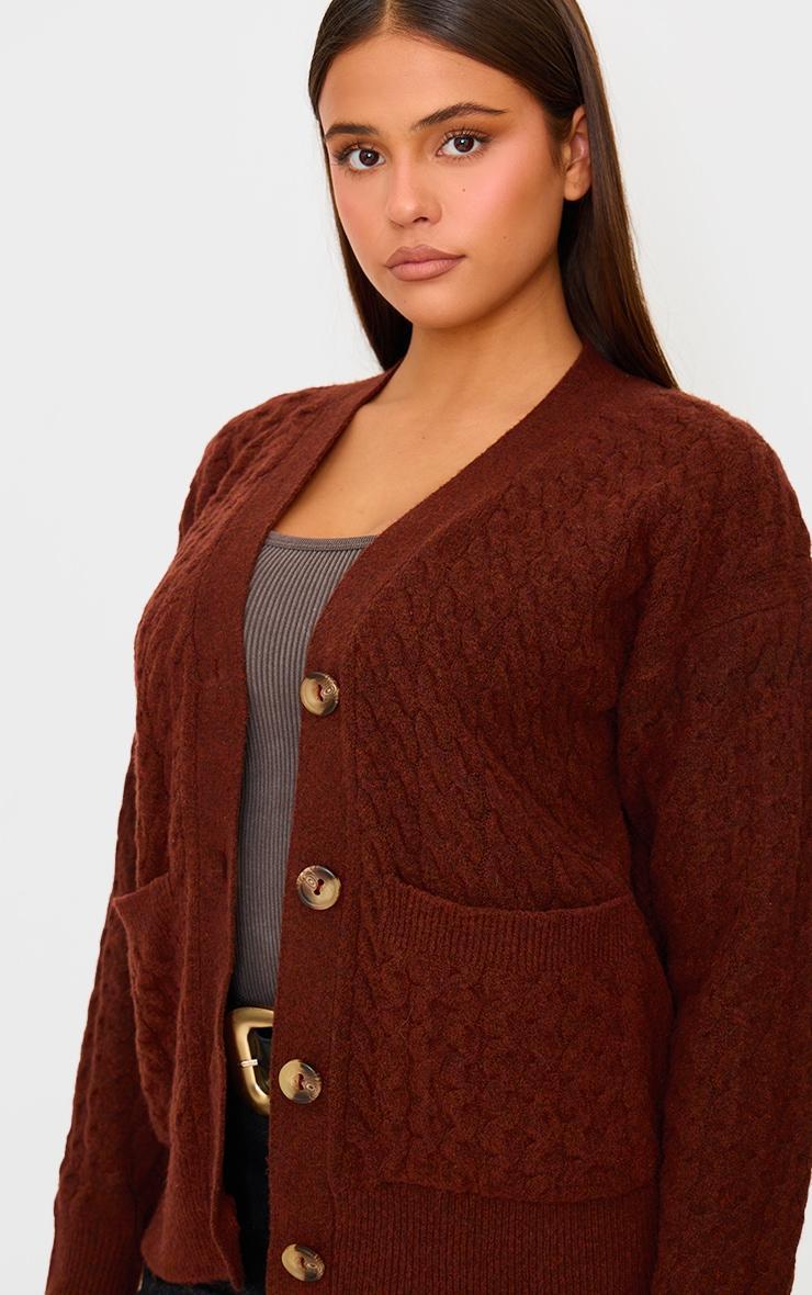 Chocolate Soft Textured Cable Knit Button Up Cardigan Product Image