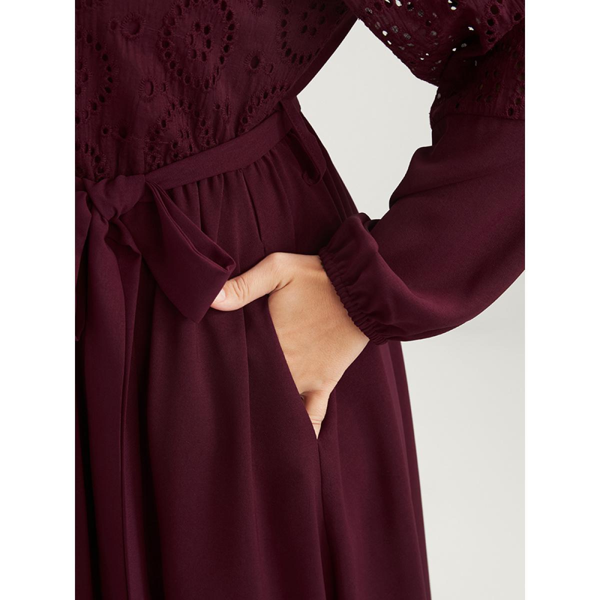 Plus Size Solid Pocket Button Detail Eyelet Lace Belted Dress Burgundy Women Casual Patchwork Shirt collar Long Sleeve Curvy Midi Dress BloomChic 10/M Product Image
