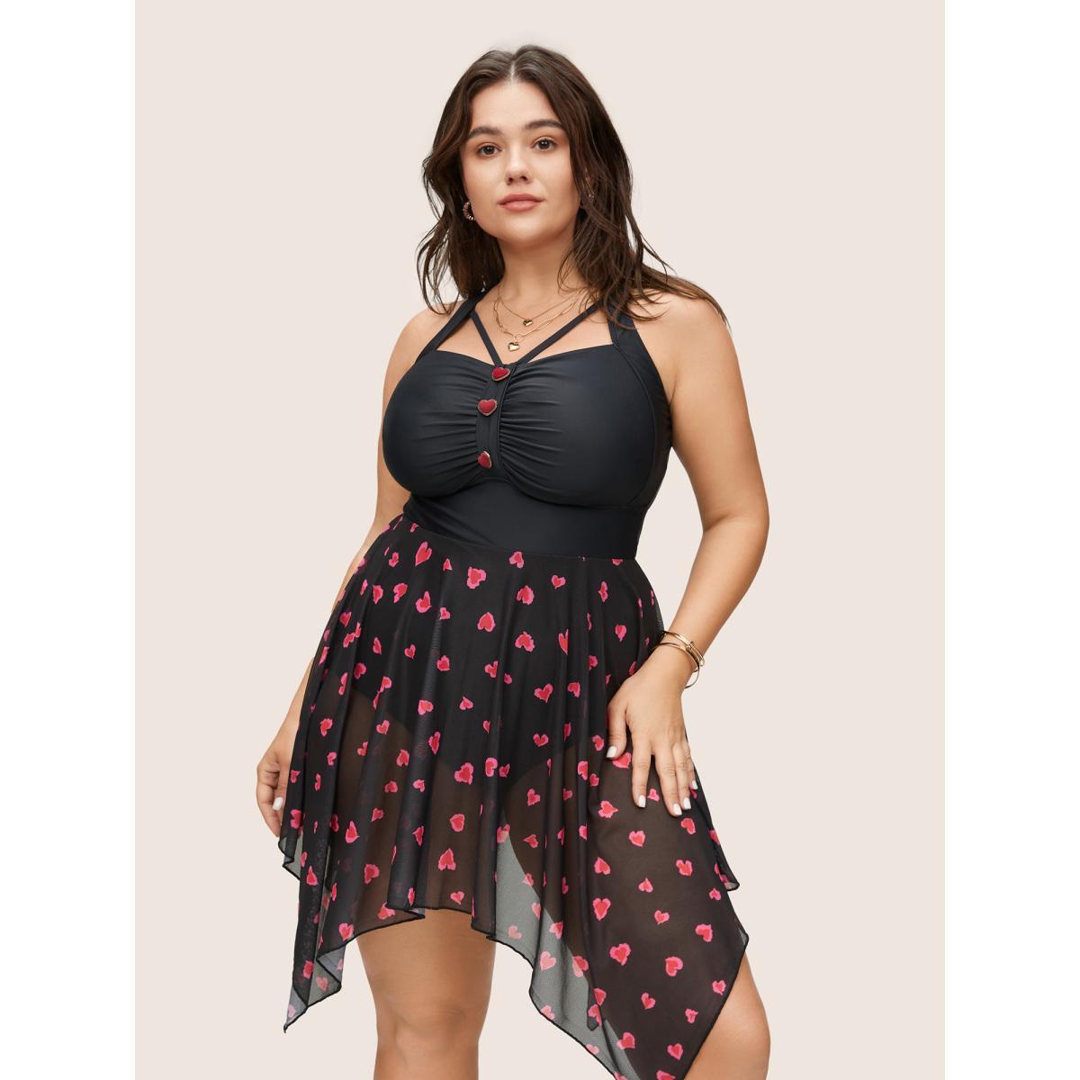 Plus Size Heart Print Button Detail Asymmetrical Hem Swim Dress Women's Swimwear Black Beach Bodycon Square Neck High stretch Curve Swim Dresses BloomChic 26/4X Product Image