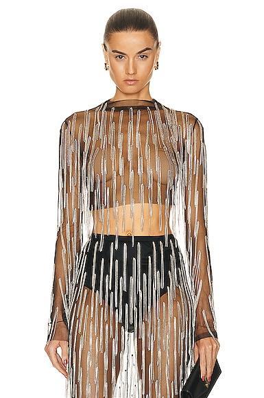 Lapointe Mesh Diamond Fringe Long Sleeve Mock Top Product Image