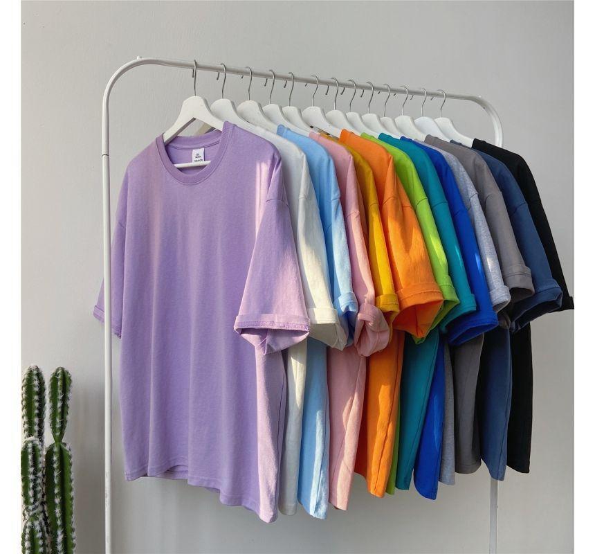 Elbow-Sleeve Crew Neck Plain T-Shirt Product Image
