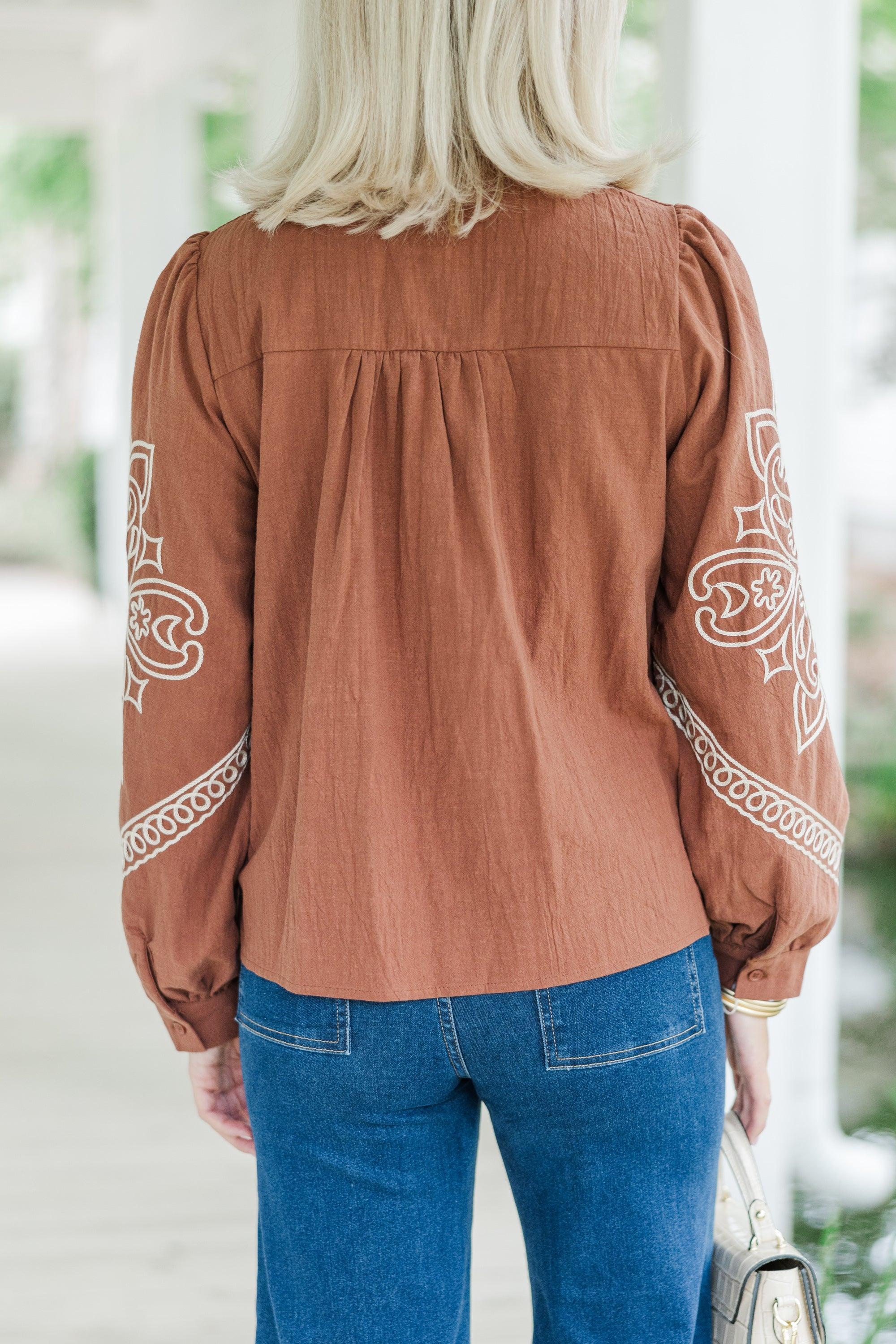 Western Discovories Mocha Brown Embroidered Blouse Product Image