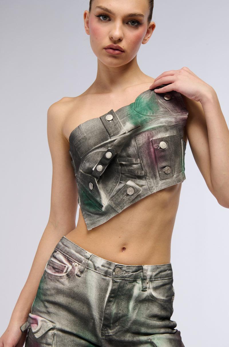 NOT YOURS BRALETTE DETAIL LAYERED PAINTED BUTTON DOWN BLOUSE Product Image