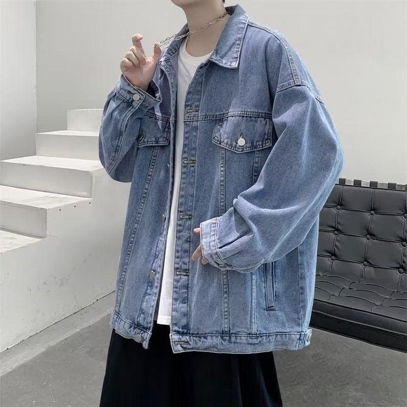 Lapel Collared Washed Single-Breasted Denim Trucker Jacket Product Image
