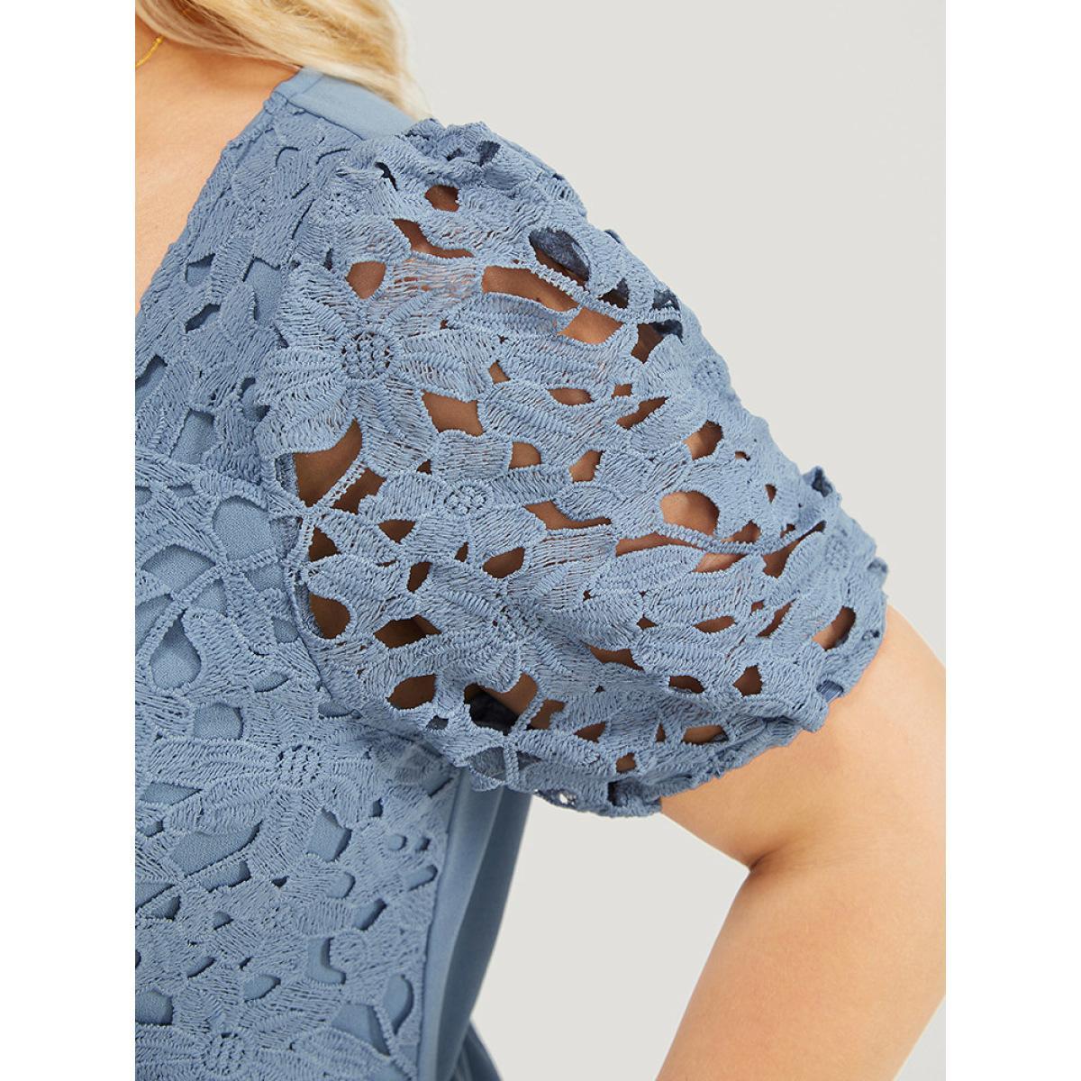 Plus Size Stone Solid Lace Notched Square Neck Pocket Pleated Jumpsuit Women Glamour Short sleeve V-neck Going out Loose Jumpsuits BloomChic 22-24/3X Product Image
