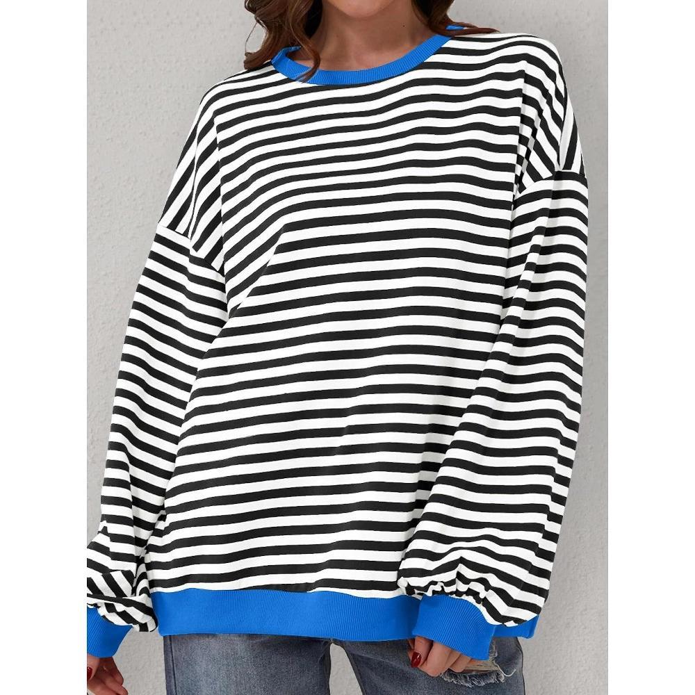 Womens Long Sleeve T Shirts Oversized Sweatshirt Crewneck Striped Long Sleeve Shirts Fashion Tops Product Image