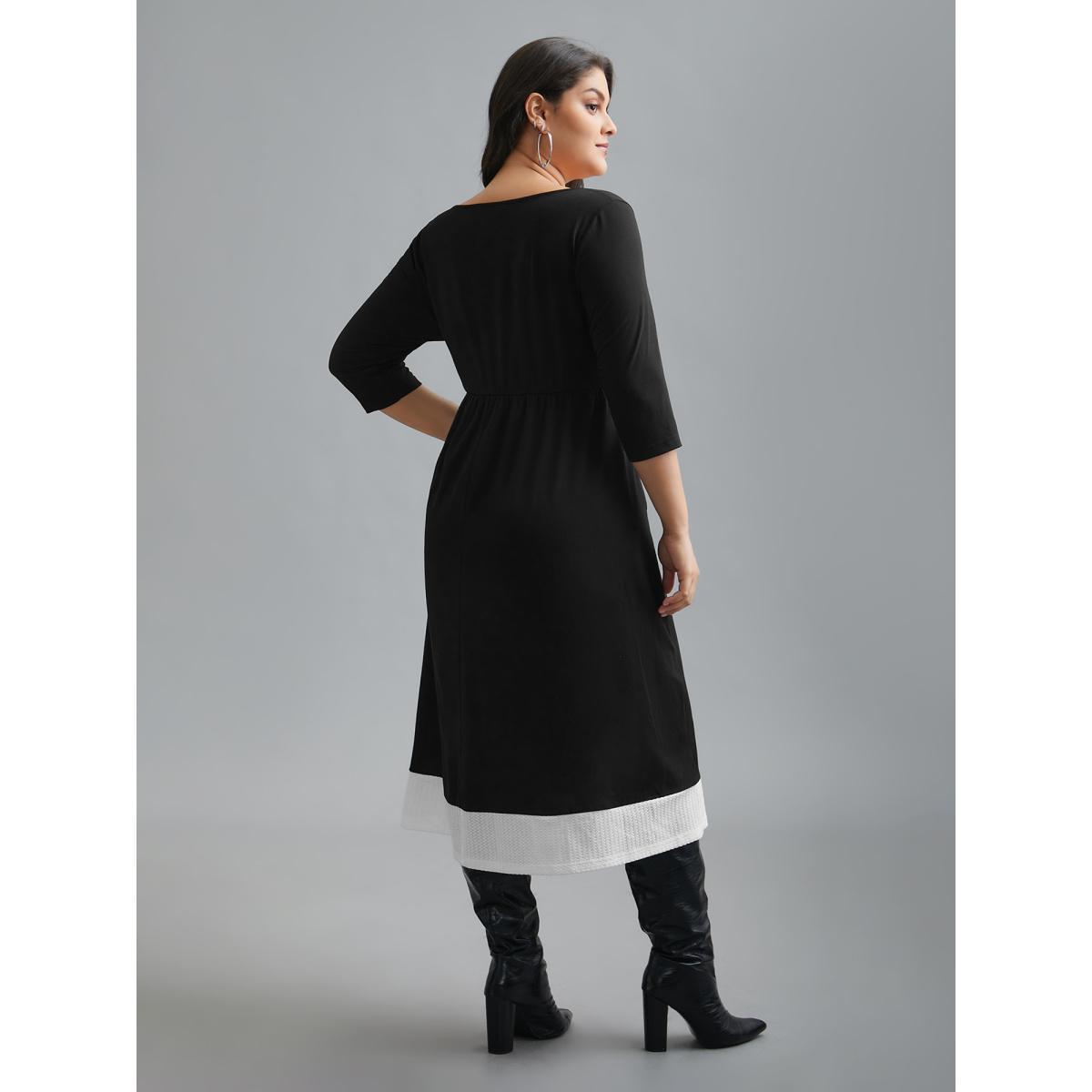 Plus Size Square Neck Color Block Button Detail Dress Black Women Elegant Gathered Knit Dresses Bloomchic 14-16/1X Product Image