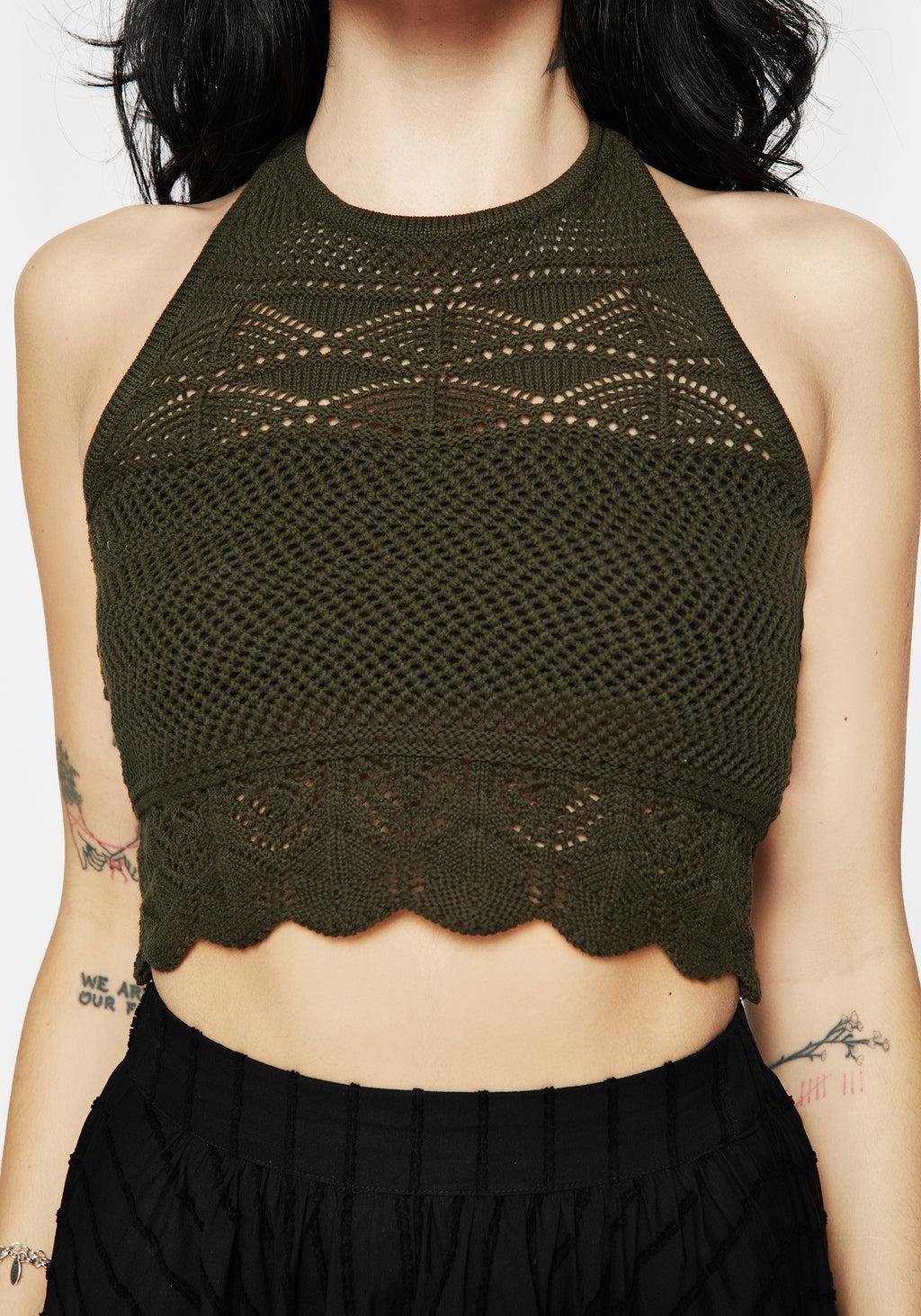 Hooked Pointelle Halter Crop Top - Green Product Image